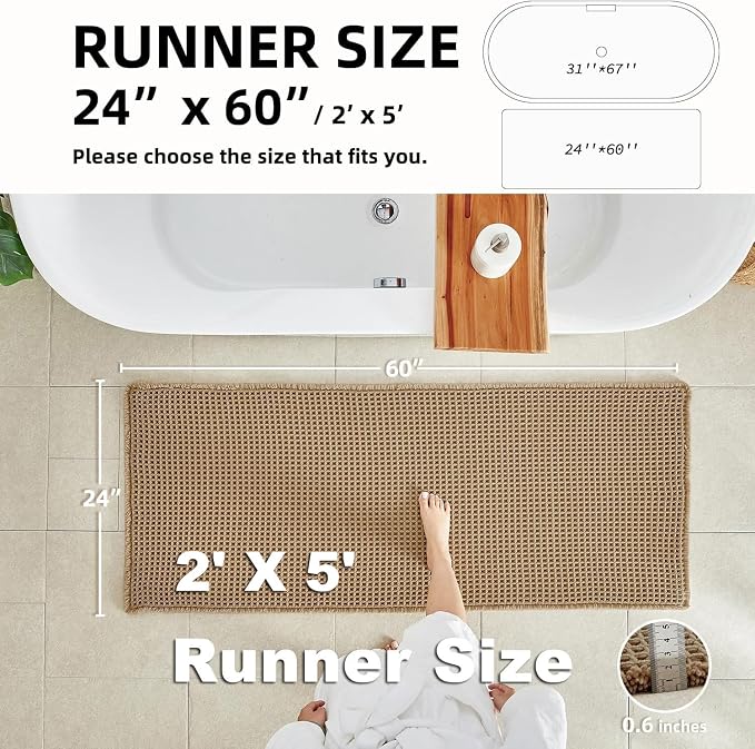 TYUU Waffle Runner Rug Bathroom, Long Boho Bathroom Rugs Non Slip Washable Super Absorbent Quick Dry Farmhouse Bath Decor, 60"x24" / 5'x2' Khaki