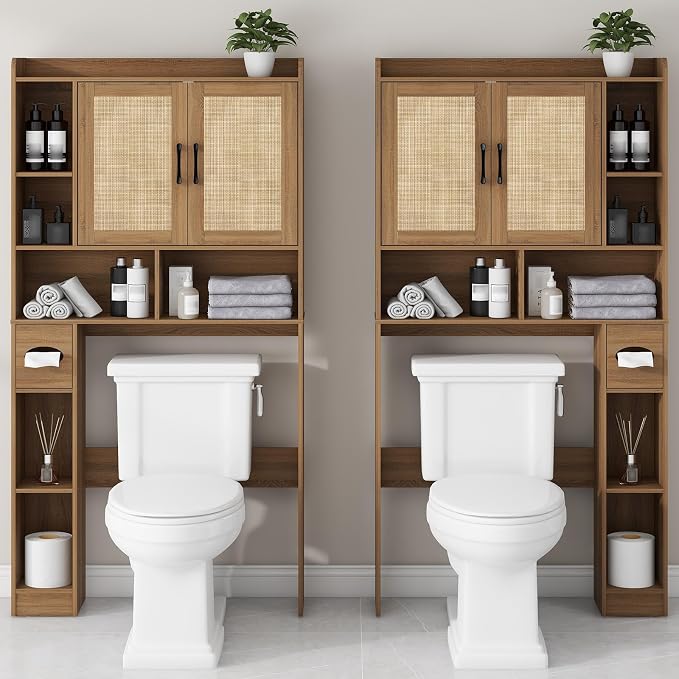 Vabches Farmhouse Rattan Storage Cabinet Over Toilet - 2 Door with Toilet Paper Holder - Space-Saving for Bathroom, Oak