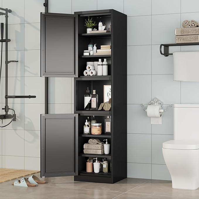 Ckzbx Tall Narrow Storage Cabinet 66.93" H Tall Bathroom Cabinet Metal Pantry Cabinets, 4 Adjustable Shelves for Kitchen, Home Office, Living Room, Dinning Room (16 inches Wide Black)