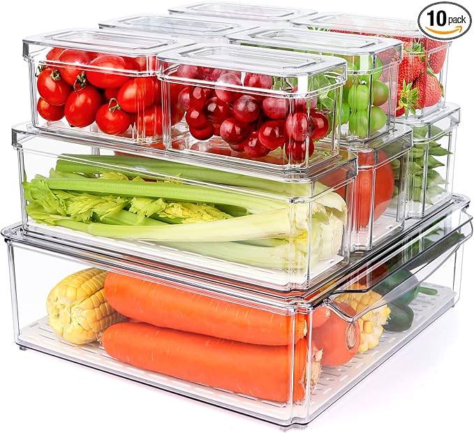 10 Pack Refrigerator Pantry Organizer Bins, Stackable Fridge Organizer Bins with Lids, Clear Plastic Food Storage Bins for Kitchen, Countertops, Cabinets, Fridge, Drinks, Fruits, Vegetable, Cereals