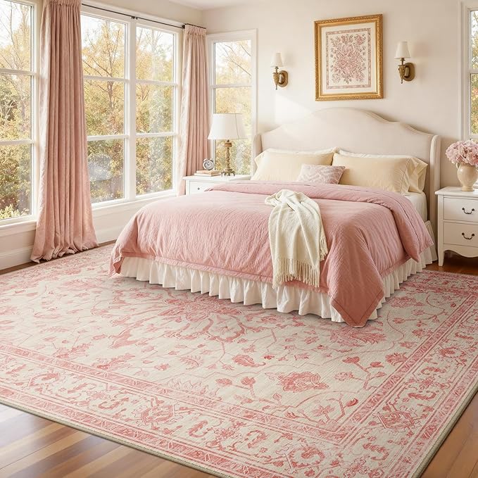 RELEANY Area Rugs 8'x10' Washable Non-Slip, Floral Vintage Distress Medallion Carpet for Living Room Bedroom Dining Room, Pink Light Vintage Pink