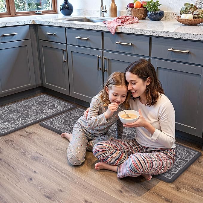 KIMODE Comfort Kitchen Mats for Floor Cushioned Anti Fatigue 2 Piece,Boho Floral Kitchen Rugs Non Slip,Waterproof Memory Foam Kitchen Mat Carpet for Laundry Office Home,Dark Grey 17"x29.5"+17" x47”