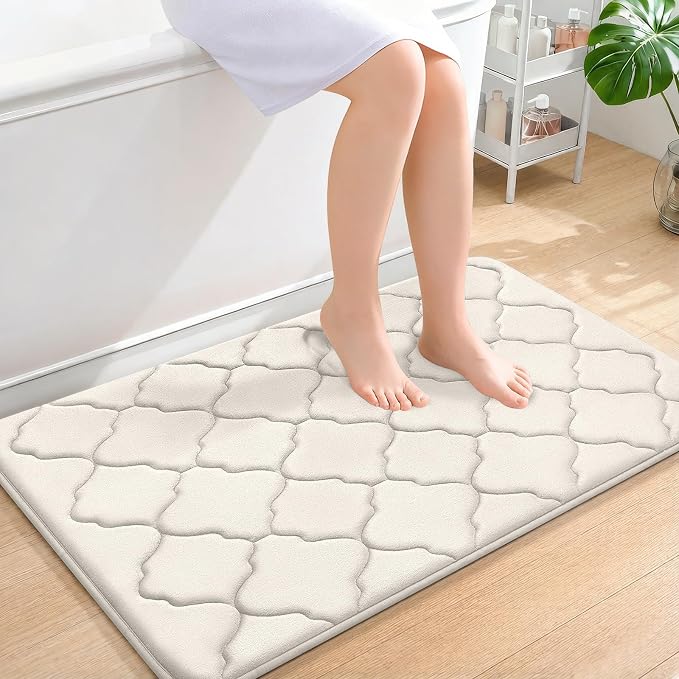 OLANLY Memory Foam Bath Mat Rug 36x24, Ultra Soft and Absorbent Bathroom Rugs, Non-Slip, Comfortable, Machine Washable Bath Carpet for Bathroom Floor, Tub, Shower and Home Decor Accessories, Ivory