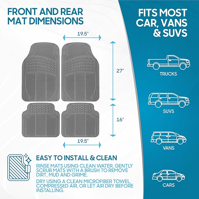 BDK ProLiner Floor Mats for Cars Trucks SUV, 4-Piece All-Weather Car Mats with Universal Fit Design, Durable Car Floor Mats with Capture Ridges, Waterproof Rubber Floor Mats for Cars (Gray)