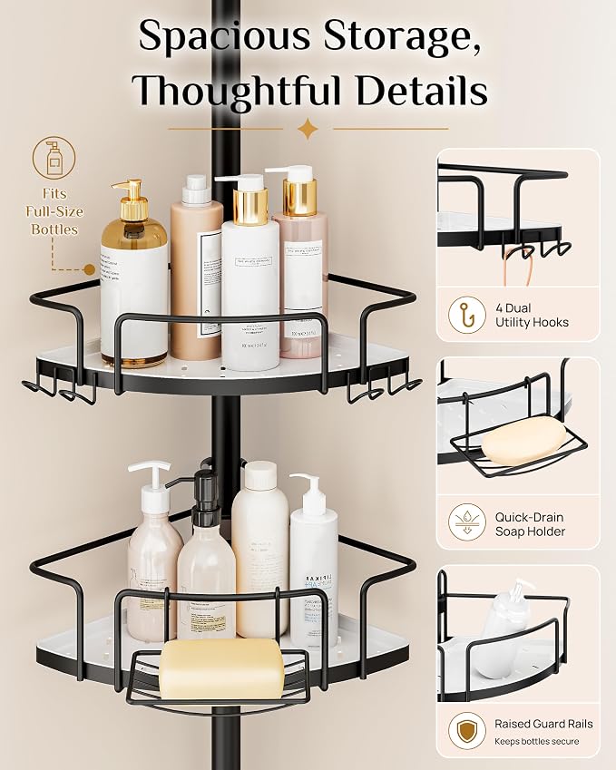 ALLZONE Corner Shower Caddy Tension Pole, 4 Hang-On Basket with Mixed-Height Shelves for Various Bottle Sizes, Extra Hooks & Soap Holder, Rustproof Stainless Steel, Fits 34–116 Inch, Black/White