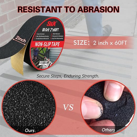 S&X Anti Slip Tape, 2 Inch x 60 Ft Non Slip Tape for Outdoor Steps, Non Skid High Traction Grip Tape for Stairs Waterproof, Corundum Surface, Polyester Film Based, Long-Lasting, Black