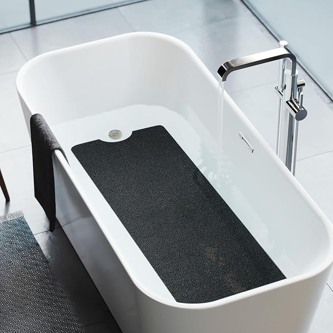 HITSLAM Non Slip Bathtub Mat 40 x 20 Inch, Extra Long Bath Mat for Tub, Soft PVC Loofah Shower Floor Mat with Drain, Quick Drying Bathroom Tub Mat for Wet Area, Without Suction Cup, Black