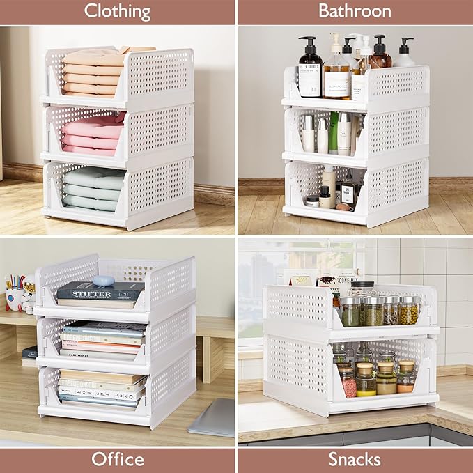 4 Pack Folding Closet Organizers Storage Box, Stackable Storage Bins, Plastic Drawer Basket Closet Storage for Wardrobe Cupboard Kitchen Bathroom Office White-4L