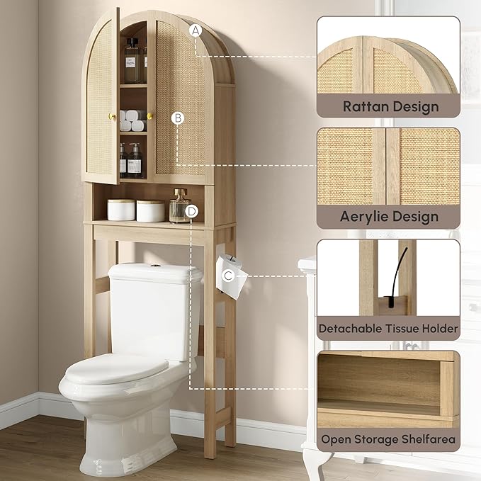 HMstone Over The Toilet Storage Cabinet, Arched Bathroom Organizer and Storage with Rattan Doors and Adjustable Shelf, Space-Saving Freestanding Bathroom Modern Storage Cabinet Over Toilet (Natural)