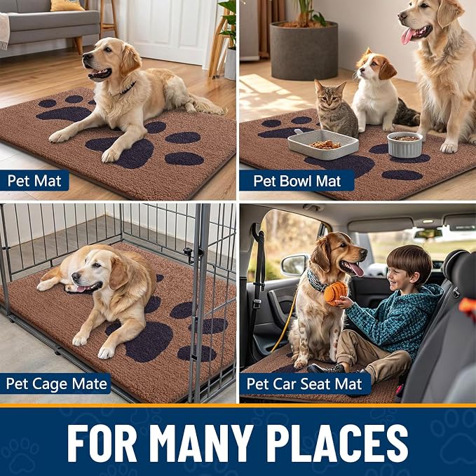 Smiry Dog Door Mat for Muddy Paws, Absorbs Moisture and Dirt, Low-Profile Entryway Mat with Non-Slip Backing, Entry Indoor Outdoor Doormat for Inside Floor (30x20 Inches, Camel and Black, Paw)