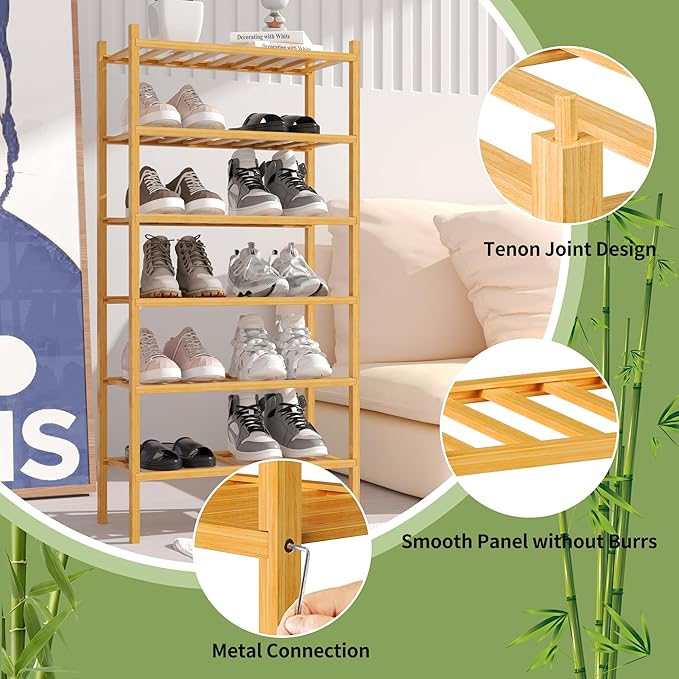 ROMGUAR CRAFT 6-Tier Bamboo Small Shoe Rack, Free Standing Wood Shoe Shelf Storage Organizer for Closet Entryway Stackable (Natural)