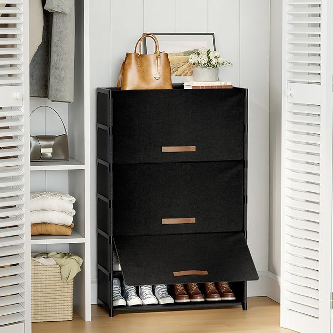 Shoe Rack, 7 Tier Shoe Storage Cabinet with Door 28 Pair Plastic Shoe Shelves Organizer for Closet, Entryway, Hallway, Bedroom, Black