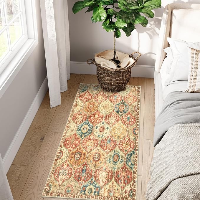 Lahome Kitchen Rugs Non Slip Washable Rugs for Entryway, 2x4 Rug Non-Slip Moroccan Trellis Ultra-Thin Indoor Door Mat Small Carpet for Bathroom Bedroom Entry Elise, Red/Orange