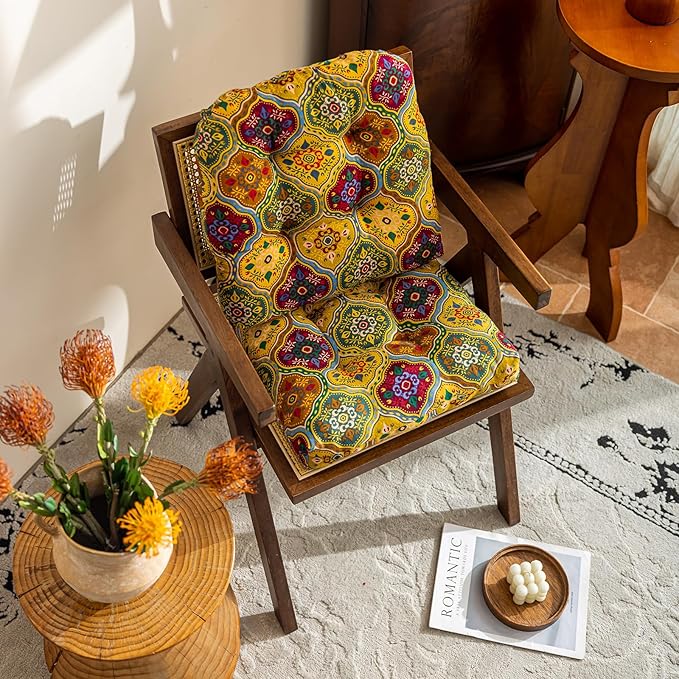 vctops Boho Geometric Chair Cushions with Ties U-Shaped Soft Cozy Cotton Linen Chair Pads Non Slip Seat Cushions for Indoor Dining Room and Kitchen Chairs (Yellow,18"x18")