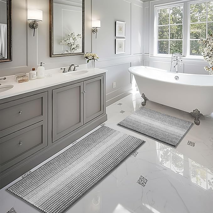 BSICPRO Bathroom Rugs and Mats Sets, 2 Piece Thick Absorbent Chenille Bath Mat Rug Set Non Slip, Soft Shaggy Bath Room Floor Mats for Bathroom, Machine Washable (Gray, 20" x 60" Plus 20" x 32")