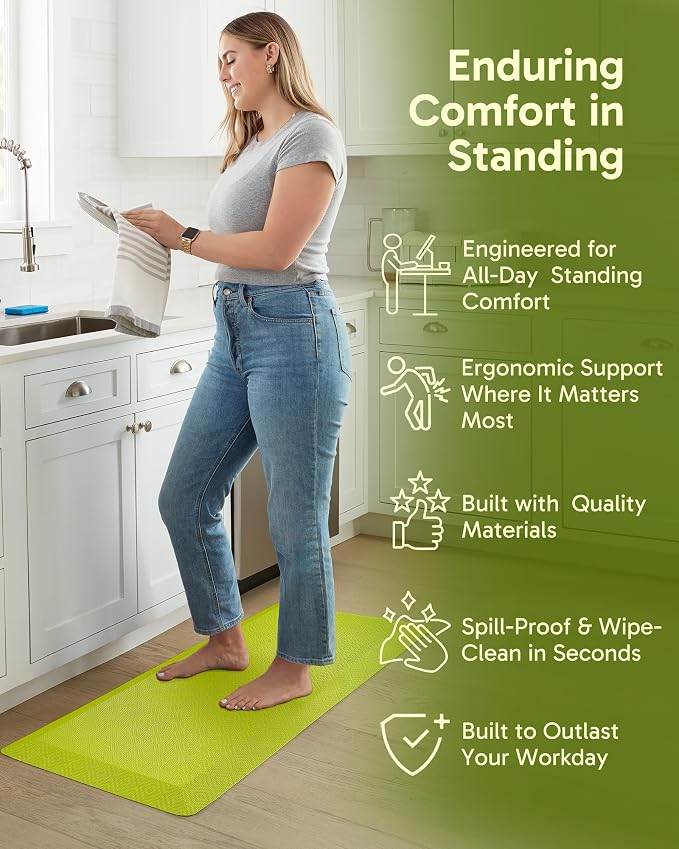 Ophanie Kitchen mats for Floor, 3/4 inch Thick, Kitchen Rugs, 20''x48'' Anti Fatigue Standing Cushioned Mat, Waterproof,Comfort Ergonomic mat for Office, Home, Sink, Green Non-Slip Bottom