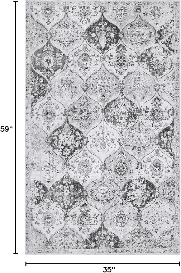 Lahome Moroccan Trellis Washable Small Area Rug, 3x5 Area Rug for Bedroom Living Room, Non-Slip Oriental Accent Throw Carpet for Kitchen Office Entryway Bathroom Office Elise, Silver/Grey