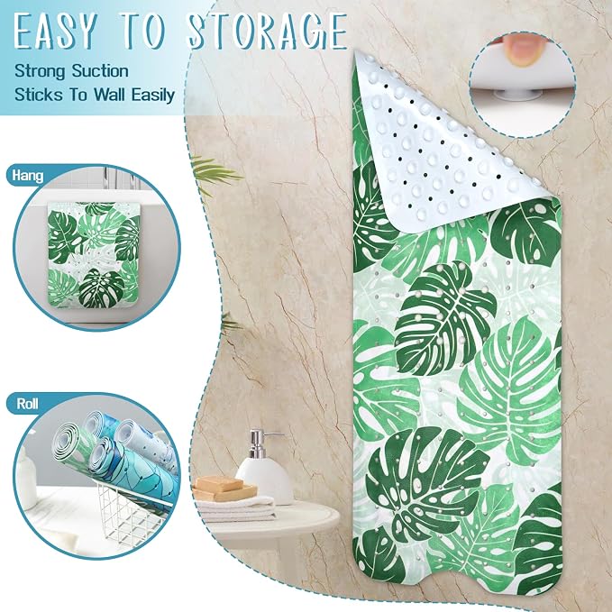 Tropical Leaves Bathtub Mat Non Slip, Boho Bath Tub Mat Baby Bath Mats for Bathroom Anti Slip Shower Mats for Inside Shower, Green Plants Bathmat with Suction and Drain Holes Machine Washable, 40″x16″