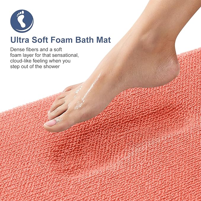 OLANLY Thick Memory Foam Small Bathroom Rugs 24x16, Extra Soft Absorbent Bathroom Mat, Quick Dry Bath Mat, Non-Slip, Machine Washable Carpet for Bathroom, Tub and Shower, Home Decor Accessories, Coral