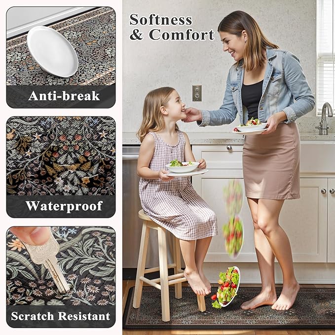 Collive Kitchen Mats Cushioned Anti Fatigue, Waterproof Kitchen Floor Mat Non Slip Desk Rugs Comfort Standing Rug for Sink, Office, Laundry, Home Decor, Black/Mulit