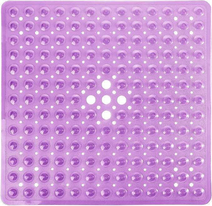 Yimobra Shower Stall Mat Non Slip, 21x21 Inch, Soft Square Bath Mat for Shower with Suction Cups and Drain Holes, Stall Floor Mats for Bathroom, Machine Washable, Bathroom Accessories, Clear Purple
