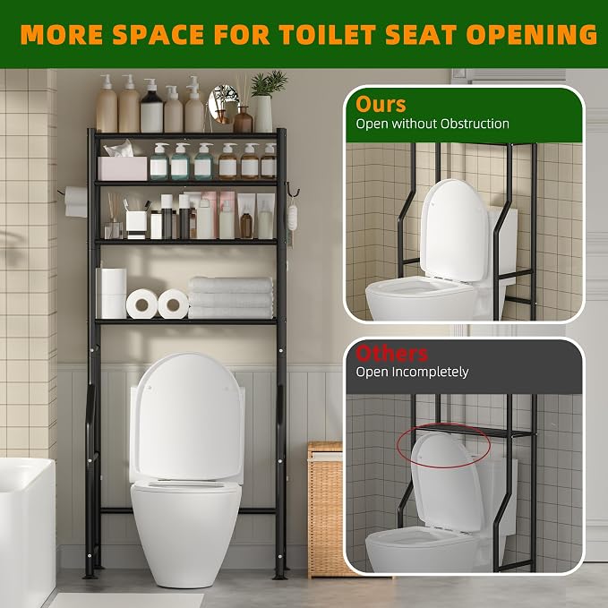 GloTika 4-Tier Over Toilet Storage with Anti-Tilt Safety System - 150lb Total Capacity Metal Bathroom Shelves Including Paper Holder & 4 Hooks, Space Saving Above Commode Organizer (64" H, Black)