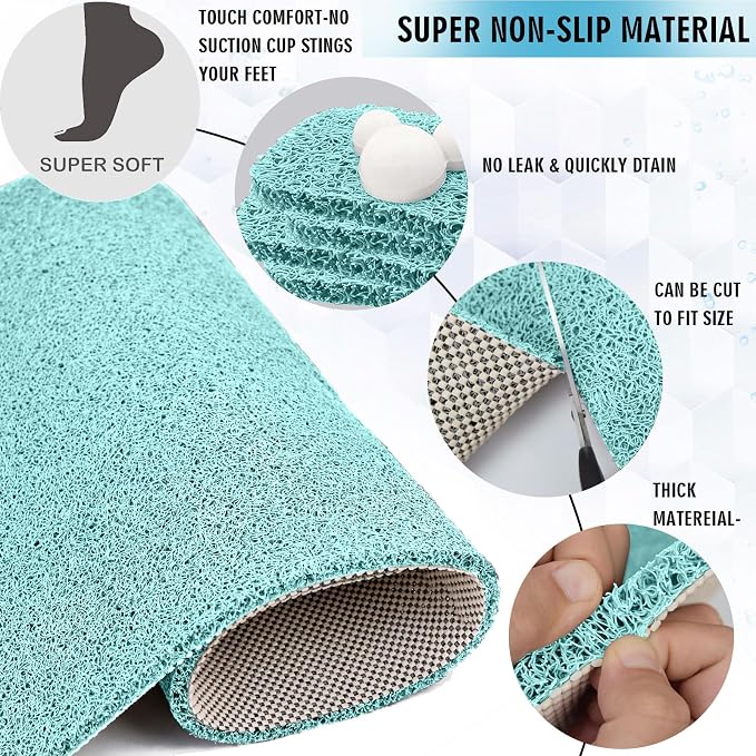 godehone Shower Mats Non Slip Without Suction Cups, PVC Loofah Bathroom Mats, Loofah Mats for Shower and Bathroom, Quick Drying, 23.6× 47.2 Inch, Light Green