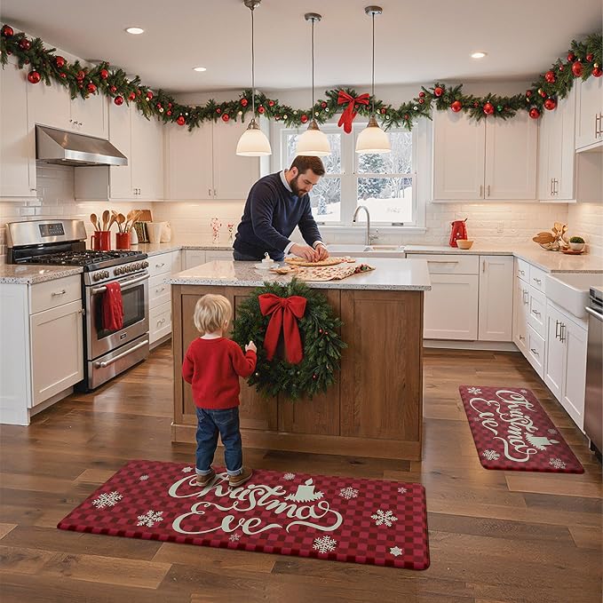 GENIMO Christmas Decorations - Kitchen Mats for Floor, 2PCS Christmas Kitchen Rugs, Cushioned Anti Fatigue Mat for Home Decor, Waterproof Non Slip Standing Mat for Laundry, 17.3"x47"+17.3"x30", Red