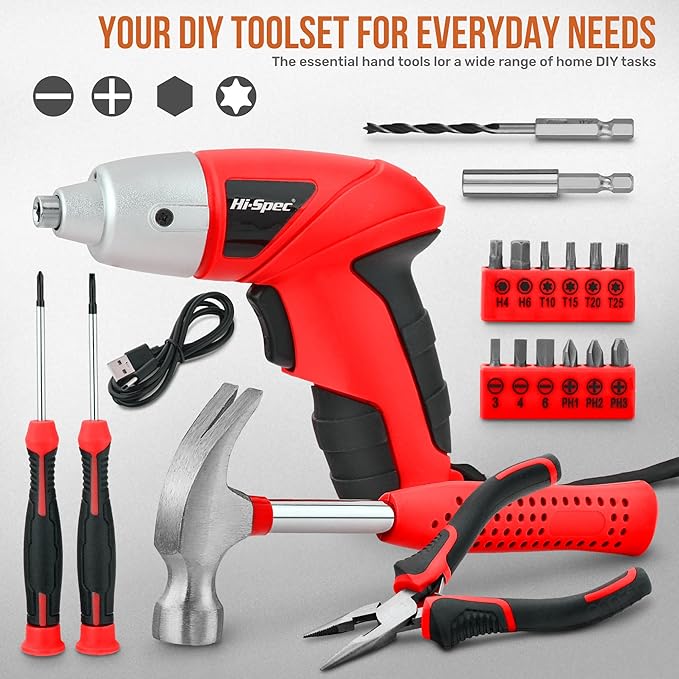 Hi-Spec 19pc 3.6V USB Small Power Screwdriver & Home DIY Tool Kit Set. Cordless & Rechargeable Electric Screwdriver and Compact Hand Tool Box Set,Red