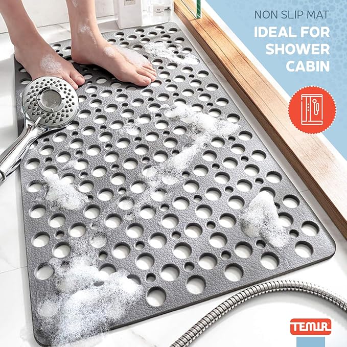 TEMIR Non Slip Bathtub Mat for Shower — Anti Skid Safety Mat with Strong Suction Cups, Quick Drain Holes, Machine Washable, Soft Bathroom Mat for Elderly & Kids, 30x17 in (75x43 cm) Gray