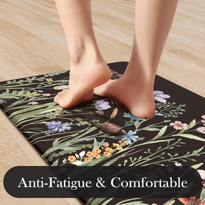 KIMODE Kitchen Mats Cushioned Anti Fatigue, Black Farmhouse Kitchen Rugs Sets of 2, Padded Kitchen Floor Mats, Non Slip Standing Mat for Sink, Laundry, Office, Desk 17"x59"+17"x29"