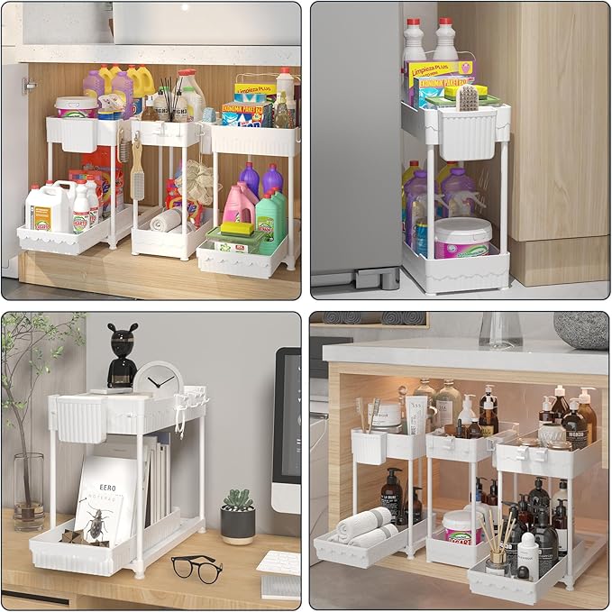 Sevenblue 3 Pack Under Sink Organizers,2-Tier Multi-Use Kitchen and Bathroom Organizers and Storage with Sliding Drawers,Bathroom Cabinet Organizer (White, 12.8 Inch)