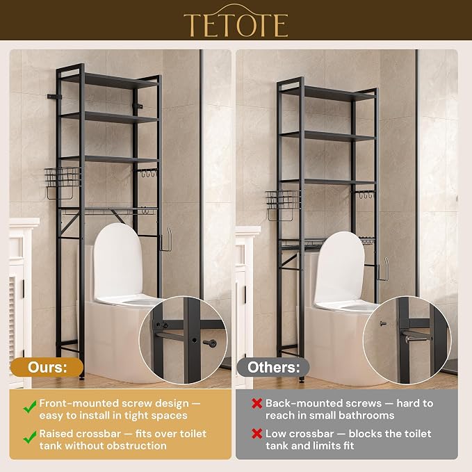 TETOTE Over-The-Toilet Storage Rack, 4-Tier Bathroom Organizer Shelf Over Toilet with Adjustable Shelf and Basket, Freestanding Space Saver Bathroom Shelves Above Toilet for Room(Black)
