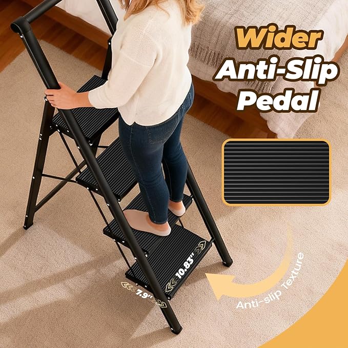 HBTower 4 Step Ladder with Handrail, Aluminum Folding Step Stool,330lbs Capacity Portable Step Ladder，Non-Slip Safety Ladder for Household,Kitchen,Office - Black