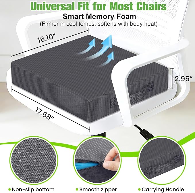 Seat Cushion for Office Chairs, Memory Foam Chair Cushion with Patterned Core for Even Support, Back, Tailbone & Sciatica Relief, Chair Pillow with Carry Handle for Car, Wheelchair (Gray)