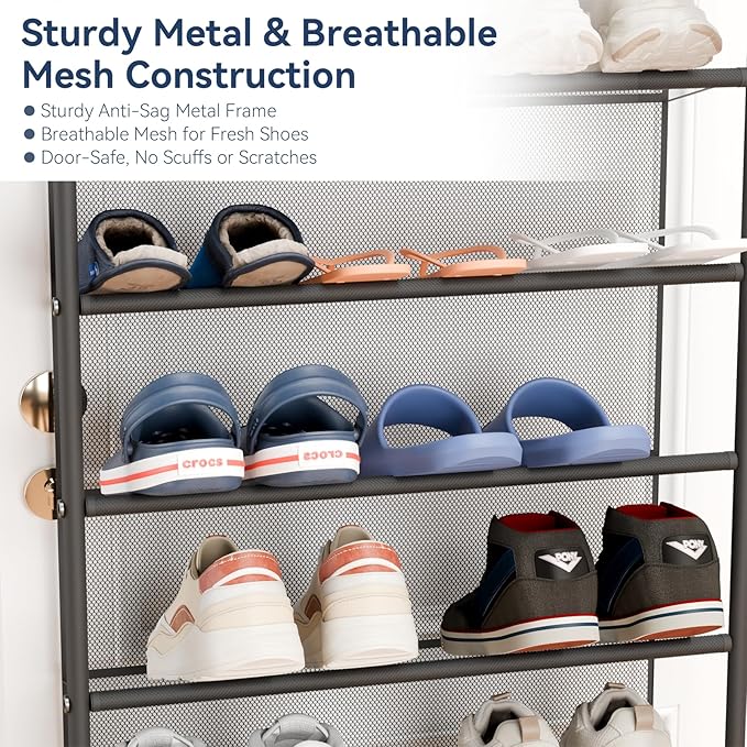 Whitmor 36 Pair Over The Door Shoe Organizer, 12 Tier Hanging Shoe Organizer, Heavy Duty Metal & Mesh Shoe Holder, Hanging Shoe Rack for Closet Organizer, 74" L x 21.7" W x 7.5" H, Matt Gunmetal