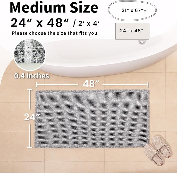 Waffle Bath Mat - Boho Bathroom Rugs Non Slip Washable, Super Absorbent & Quick Dry, Soft Bath Mat Farmhouse Bathroom Decor, 24'' x 48'', Light Grey