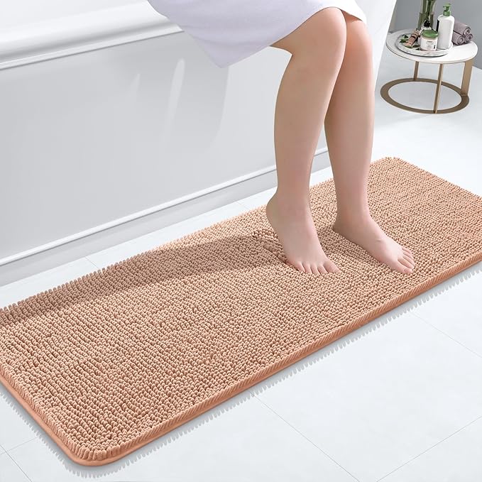 OLANLY Bathroom Runner Rugs 47x17, Extra Soft Absorbent Chenille Bath Rugs, Rubber Backing Quick Dry, Machine Washable Long Bath Mats for Bathroom Floor, Tub and Shower, Home Decor Accessories, Peach