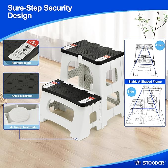 Folding Step Stool, 2-Step 8" 17", Non-Slip, 300lb Capacity | No Assembly, Stable A-Frame, Safety Lock, Anti-Slip Rubber Feet, Collapsible Stool for Kitchen Bathroom Bed RV Offic Garden