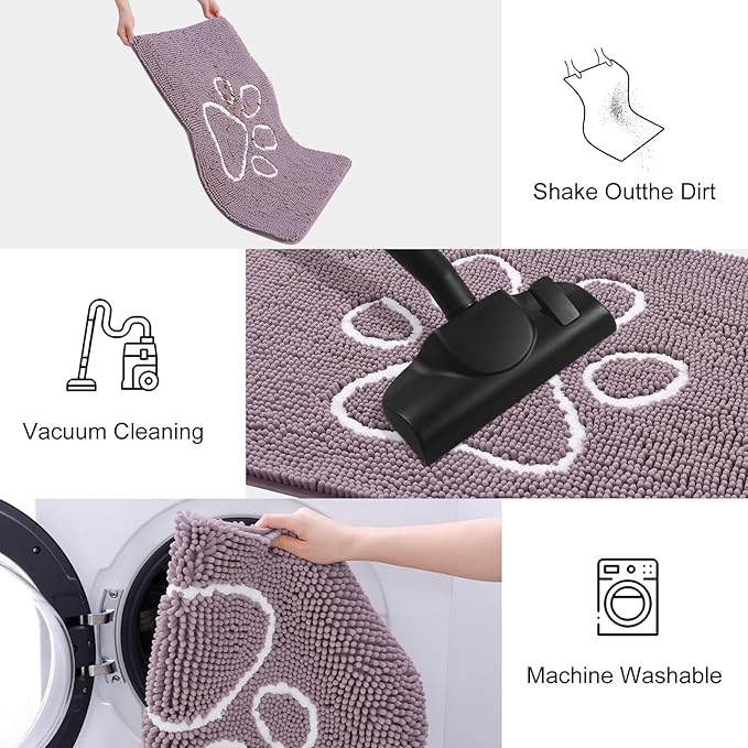 Smiry Dog Door Mat for Muddy Paws, Absorbent Dirt Trapper Non Slip Quick Dry Washable Chenille Mat for Mud Dogs, Entry Rug for Indoor and Outdoor (36x24 Inches, Deep Plum and White)
