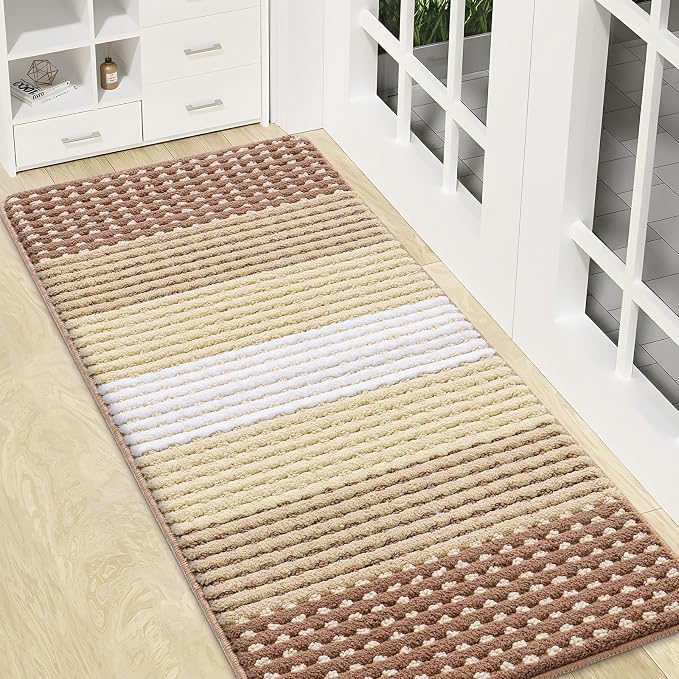 Kitinjoy Indoor Outdoor Door Mat, 47x20 Non-Slip Absorbent Dirt Trapper, Low-Profile Washable Inside Entrance Front Floor Mat, Sturdy Soft Entry Dotted Ombre Doormats for Entryway, Light Brown