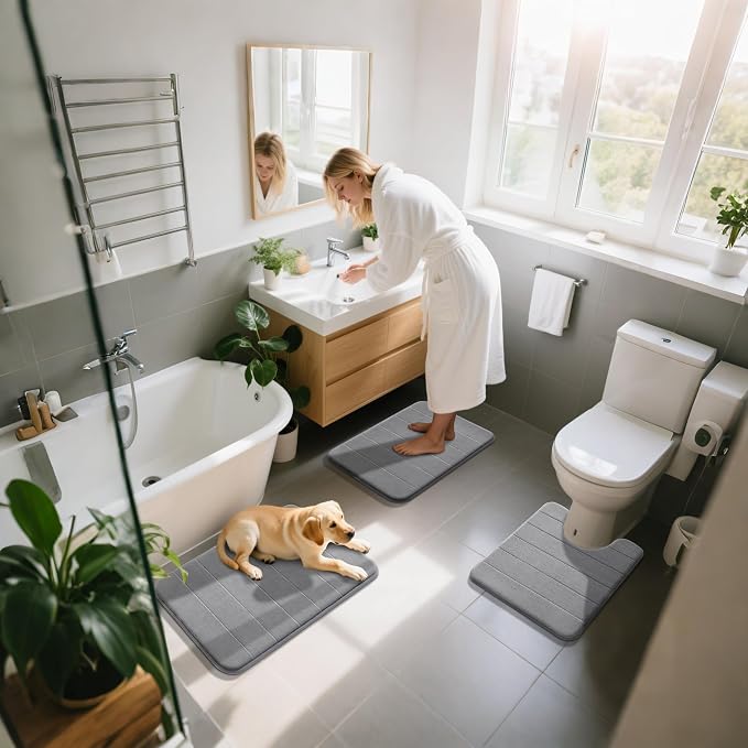 Yimobra Memory Foam Bath Mat Set 3 Pieces- Super Soft Absorbent Quick Dry Bathroom Rug Sets, Machine Washable Non Slip Floor Carpet for Tub Shower, Vanity & Toilet Base, Gray