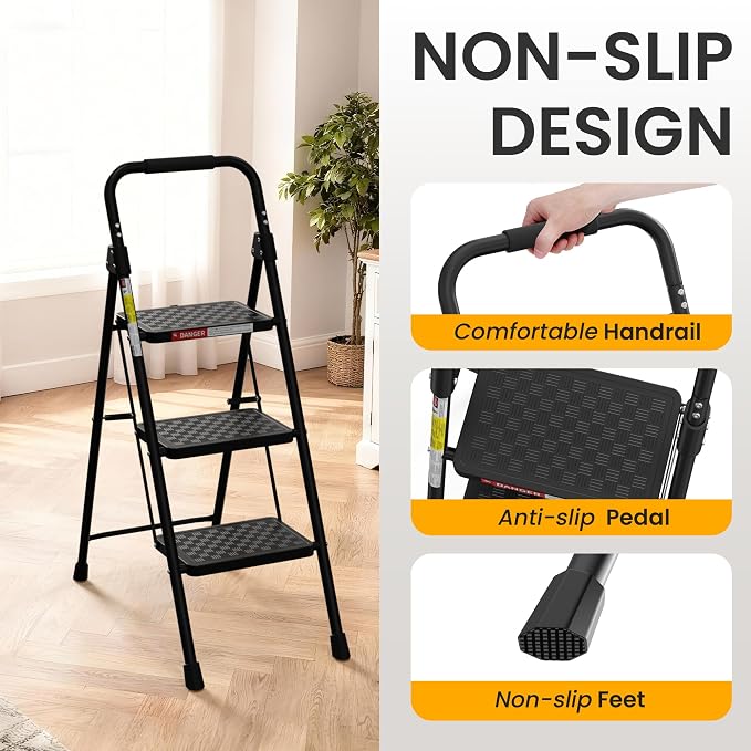 HBTower 3 Step Ladder, Folding Step Stool with Wide Anti-Slip Pedal, Step Stool Foldable with Cushioned Handle for Home and Kitchen, Black