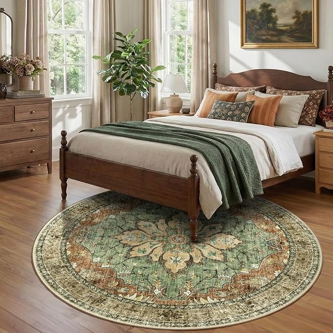 RELEANY Area Rugs Round 8ft Washable Non-Slip, Floral Vintage Distress Medallion Carpet for Living Room Bedroom Dining Room, Terracotta Burnt Orange Green