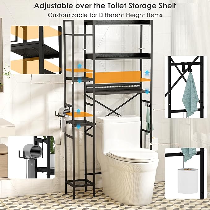 Over The Toilet Storage Shelf with Drawers, 7 Tier Above Toilet Bathroom Organizer Rack with Adjustable Shelves, Space Saver Stand Behind Toilet with Paper Holder & Hooks for Laundry, Black