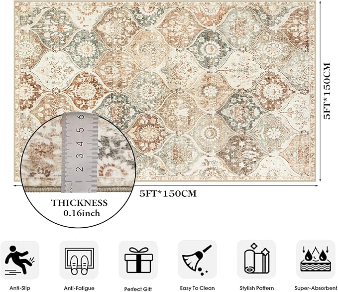 Lahome Moroccan Trellis Washable Small Area Rug, 3x5 Black Rug for Bedroom Living Room, Non-Slip Oriental Accent Throw Carpet for Kitchen Office Entryway Bathroom Office Elise, Khaki