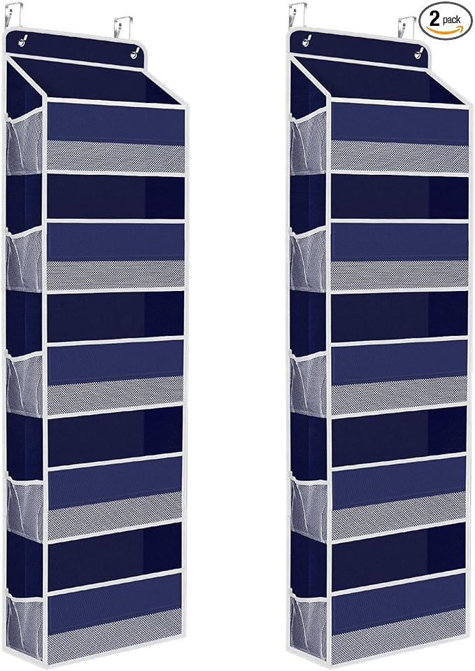 SpaceHacks 2 Pack Over The Door Organizer, Hanging Storage Organizer with Clear Window, 40lb Ultra Sturdy Large Capacity Room Organizer for Pantry Laundry Bathroom Nursery Closet (Grey)