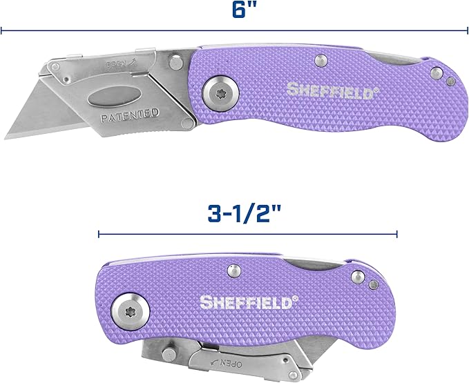 Sheffield 12346 Lock Back Utility Knife 4 Pack with 10 Blades, Quick Change Folding Box Cutter, Aluminum Handle Utility Knives with Pocket Clip, Pink & Purple