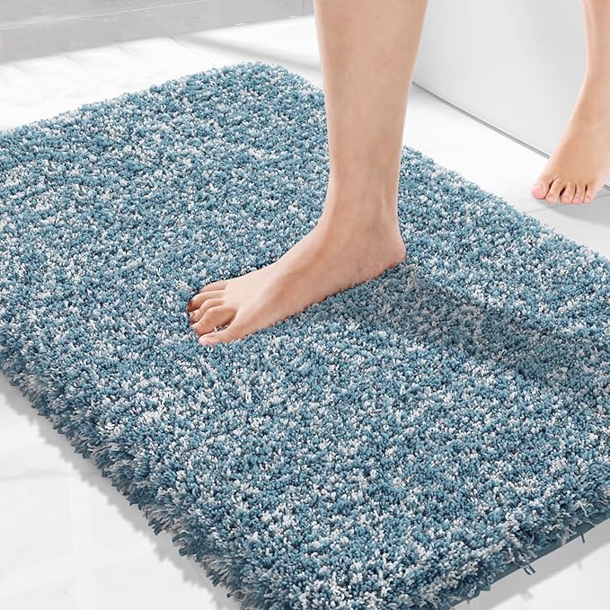 Yimobra Bath Rugs for Bathroom 32X20, Ultra Soft and Water Absorbent Bath Mats, Non Slip Plush Shower Rugs, Microfiber Thick Matts for Bathroom Floor/Tub, Machine Washable, Denim Blue and White