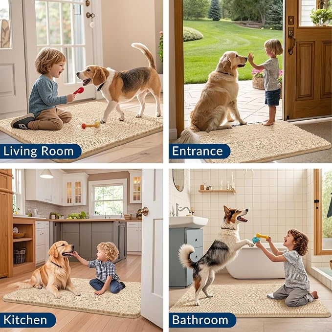 Smiry Dog Door Mat for Muddy Paws 47x32, Absorbent Dirt Trapper, Non-Slip Washable Chenille Entryway Rug for Inside Floor, Beige, Classic Solid